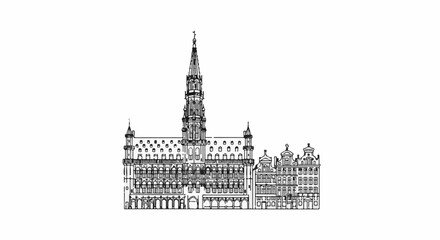 Fototapeta premium Ornate historical buildings with a tall spired tower form a detailed city skyline
