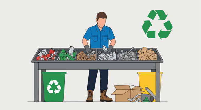 A worker sorts various types of recyclable waste at a table in a recycling plant