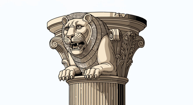 Ornate column capital with a detailed lion head and scrolls