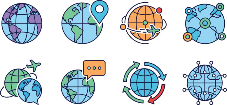 Global network and world icon set featuring globe communication travel connection and international business symbols collection