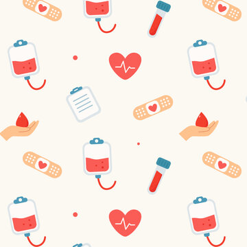 Healthcare Seamless Pattern Medical Donation Background with Heart Pulse Blood Bag and Syringe Icons