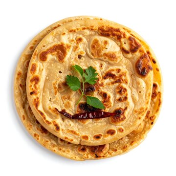Crispy Layered Indian Paratha with Chili Garnish.