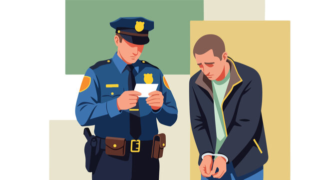 A police officer reads a document while a handcuffed man stands looking dejected