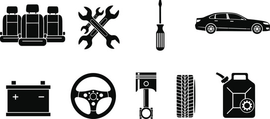 car, auto parts, tools, silhouette, black, automotive, repair, maintenance, vehicle, equipment, icon set, isolated, vector, illustration, mechanic, garage, service, transport, minimal © Motiur