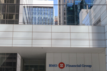 Naklejka premium exterior building facade and sign of BMO Financial Group, a bank, located at First Canadian Place, 100 King St W, Toronto