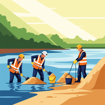 Workers in hard hats and safety vests dredging sand from a riverbank outdoors