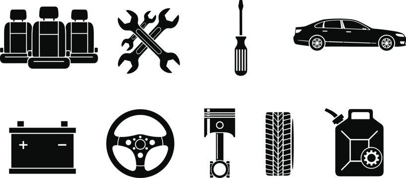 car, auto parts, tools, silhouette, black, automotive, repair, maintenance, vehicle, equipment, icon set, isolated, vector, illustration, mechanic, garage, service, transport, minimal