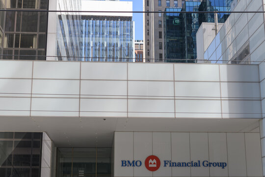 exterior building facade and sign of BMO Financial Group, a bank, located at First Canadian Place, 100 King St W, Toronto