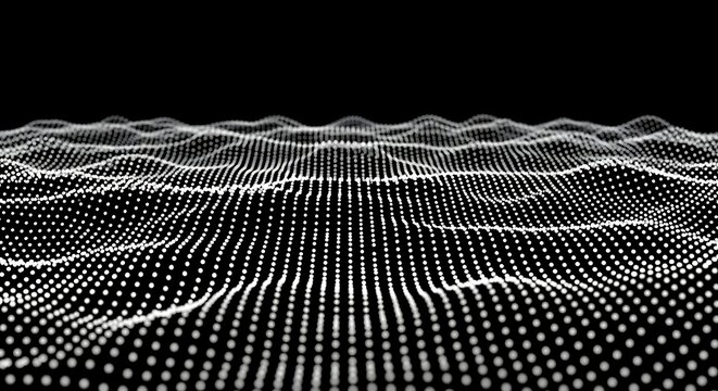 Abstract digital waveform of white dots undulating across a dark background