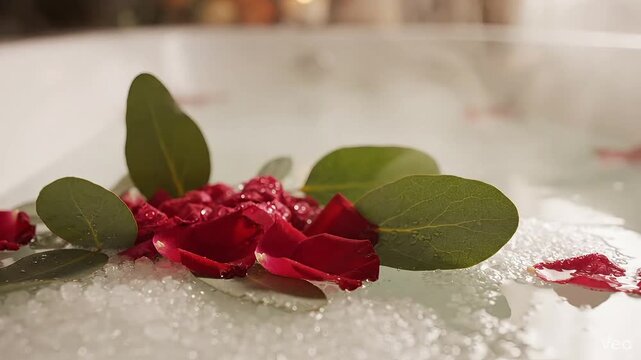 A luxurious bath filled with water, Epsom salts, and vibrant red rose petals for a relaxing spa experience.