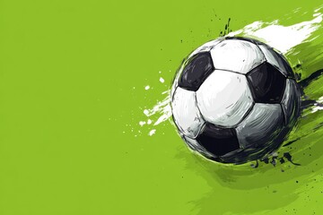 Naklejka premium A stylized black and white soccer ball on a vibrant green background, accented with energetic white and dark green brushstrokes.