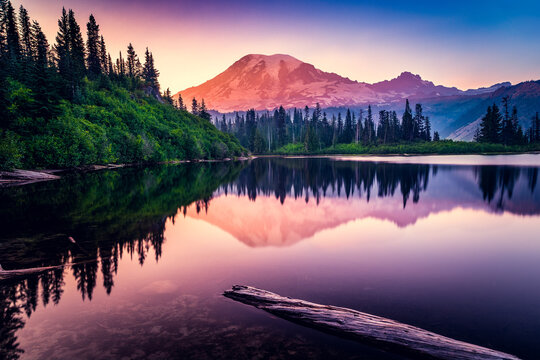 Dramatic sky over a Snowcapped Mountain and forest reflected in Bench Lake at sunset, Mt Rainier National Park, Washington, USA