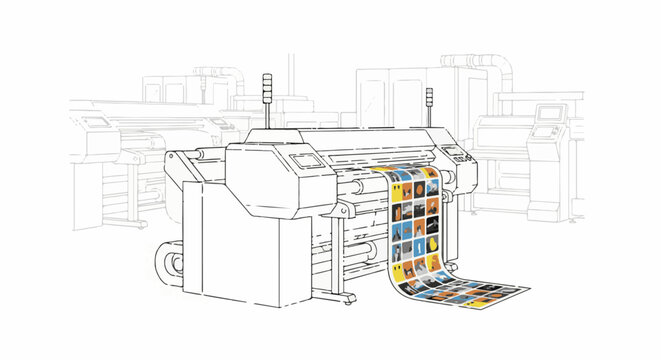 A large format printer outputs a vibrant sheet of colorful, patterned material