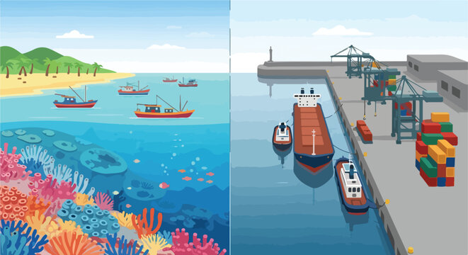 A side-by-side view of a tropical coastal scene and a busy industrial seaport