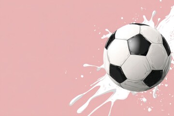 Naklejka premium A classic black and white soccer ball rests on a vibrant pink backdrop, marked by energetic white paint splatters.