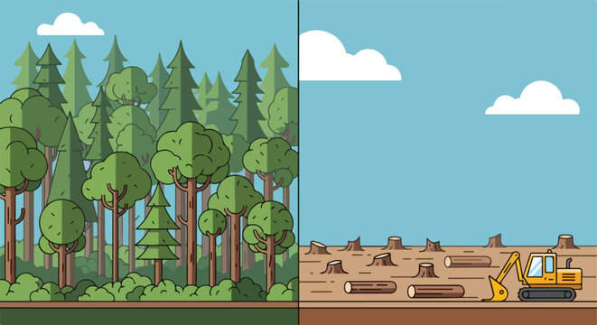 Contrast between a lush green forest and a barren area cleared by an excavator
