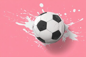 Naklejka premium A classic black and white soccer ball rests on a vibrant pink backdrop, marked by energetic white paint splatters.