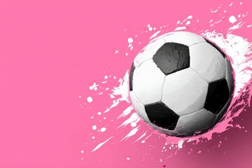 Fototapeta premium A classic black and white soccer ball rests on a vibrant pink backdrop, marked by energetic white paint splatters.