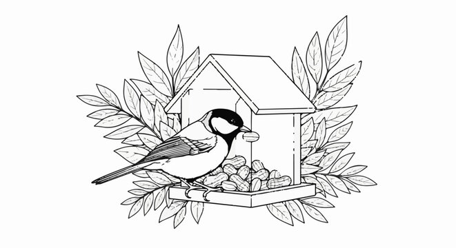 Bird feeder filled with peanuts attracts a small bird amidst leafy branches
