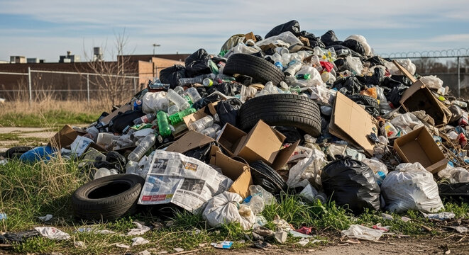 Large trash pile in abandoned vacant lot, with discarded tires, plastic, and debris. This immense trash pile highlights environmental pollution, urban decay, and community challenges.