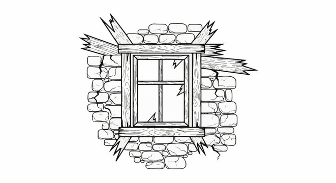Broken window frame with splintered wood in a cracked stone wall
