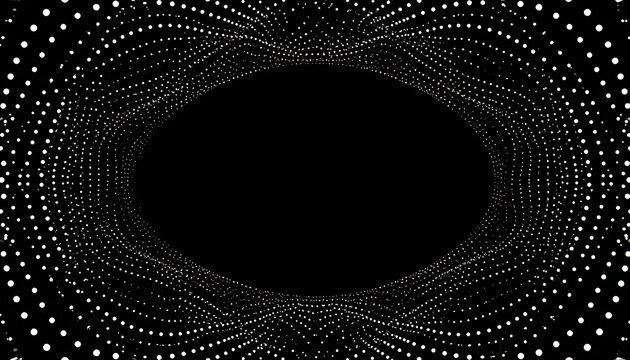 A black backdrop is encircled by wavy arrays of bright white dots forming an oval or tunnel like illusion