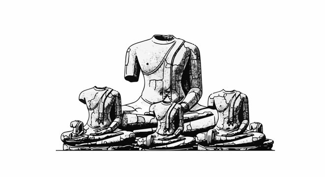 Ancient broken stone statues of seated figures, weathered and weathered