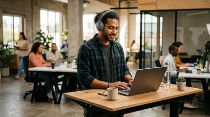 Obraz premium Happy young man wearing headphones working on a laptop at a standing desk in a coworking space. Freelancer smiling while typing on computer in a trendy modern office environment.
