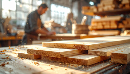 Carpintero trabajando en taller de carpintería artesano con tablas de madera y virutas sobre la mesa de trabajo y fondo desenfocado con herramientas © theshooter