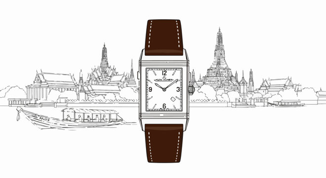 Watch face superimposed on a sketched Asian skyline with a boat