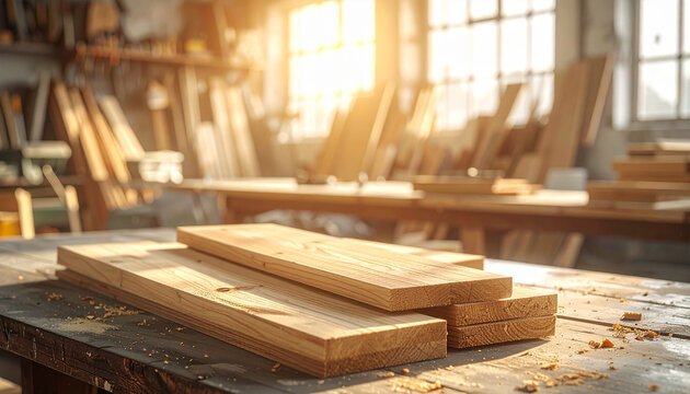 Taller de carpinter&iacute;a artesano con tablas de madera y virutas sobre la mesa de trabajo, fondo desenfocado con herramientas y luz natural