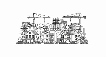 Obraz premium Sketch of houses under construction with cranes and excavators