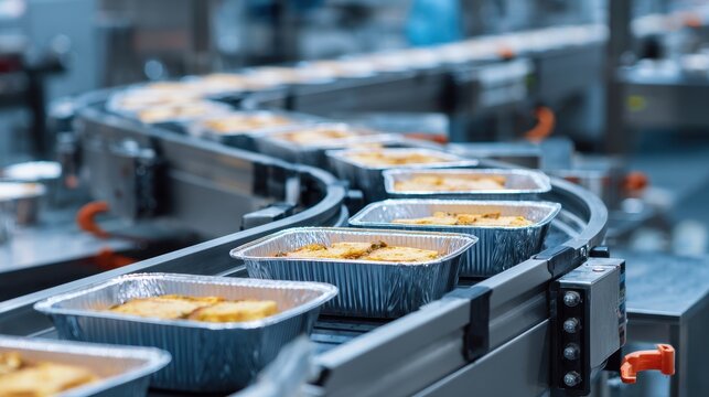 Ready Meals in Aluminum Containers Moving on a Conveyor Belt in a Food Processing Factory