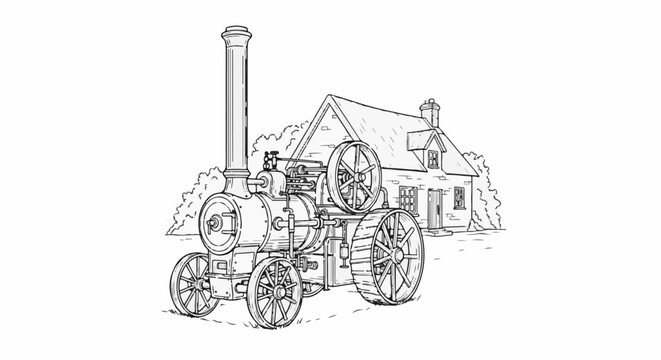 Vintage steam engine parked beside a traditional rural house and bushes