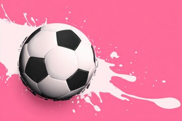 Fototapeta premium A classic black and white soccer ball rests on a vibrant pink backdrop, marked by energetic white paint splatters.