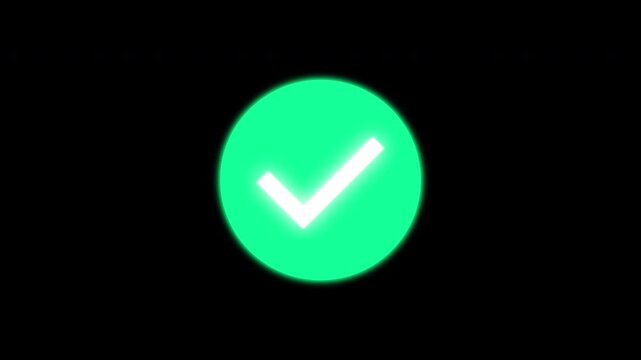 Green glowing checkmark pop up animation without bounce neon smooth confirmation icon Prores Alpha Channel 4K 60fps