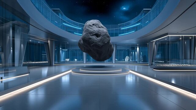 Futuristic space museum interior with floating asteroid under glass dome showcasing science, astronomy and advanced technology concept