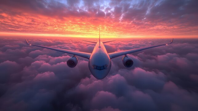 Front view of an airplane above clouds in the sky at sunset