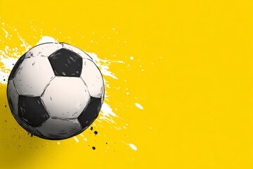 Naklejka premium Black and white soccer ball on bright yellow with white splatters. It represents the World Cup 2026 tournament, celebrating goals and winners across Mexico, USA, and Canada.