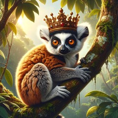 Fototapeta premium Crowned Ringtail Lemur Perched On Jungle Branch In Sunlight.