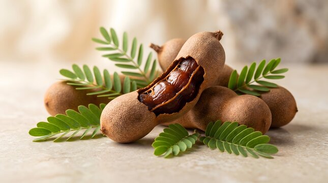 Fresh ripe tamarind pods with leaves on stone surface