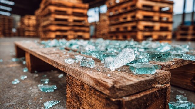 Close-up of broken glass shards scattered on a wooden pallet in an industrial warehouse