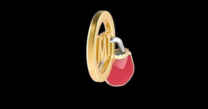 Trademark symbol with padlock, rotation animation seamlessly loopable. 3D rendering isolated on transparent background