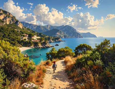 A serene coastal path with a cyclist overlooking a tranquil turquoise bay