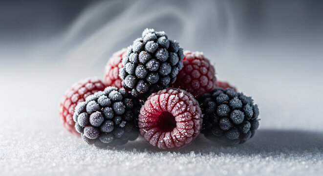 Hoarfrost of Blackberries and raspberries surrounded by swirling cold vapor and mist - Minimalistist