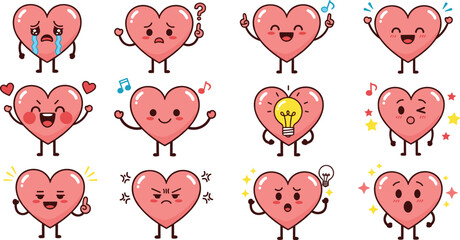 Naklejka premium Cute Heart Character Emoji Set with Different Emotions Expressions Love Happy Sad Idea and Celebration Cartoon Icons in Minimal Vector Style