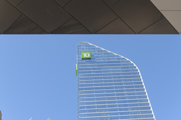 Naklejka premium south elevation of TD Terrace, located at 160 Front St W, designed by Adrian Smith & Gordon Gill Architecture, in postmodern/contemporary style, Cadillac Fairview, TD anchor tenant, Toronto