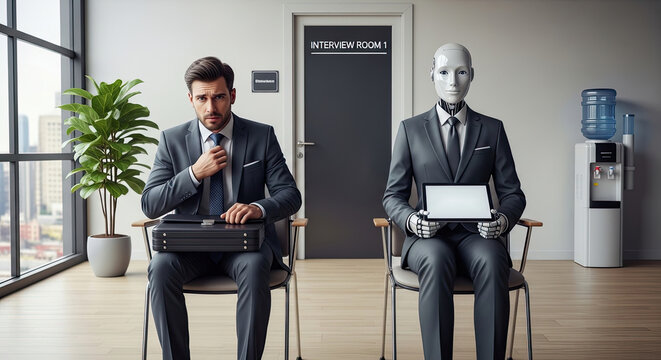 A man and a robot are sitting in an interview room. The man, wearing a suit and tie, holds a briefcase and appears apprehensive.