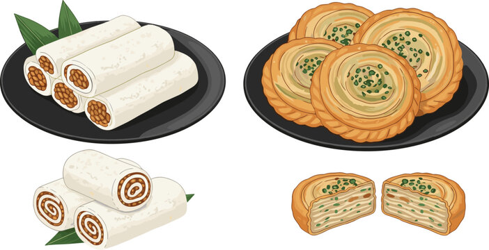 Asian Snack and Pastry Illustration Set with Spring Rolls Stuffed Rolls Layered Pancakes and Savory Baked Treats in Clean Detailed Vector Style