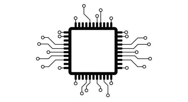 A minimalist black and white vector illustration of a microchip, depicting a central square integrated circuit with multiple pins extending to external connection points.